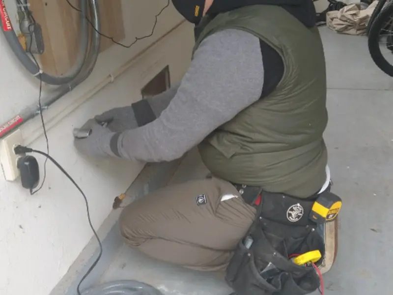 Electrician performing outlet wiring in a Bacliff garage
